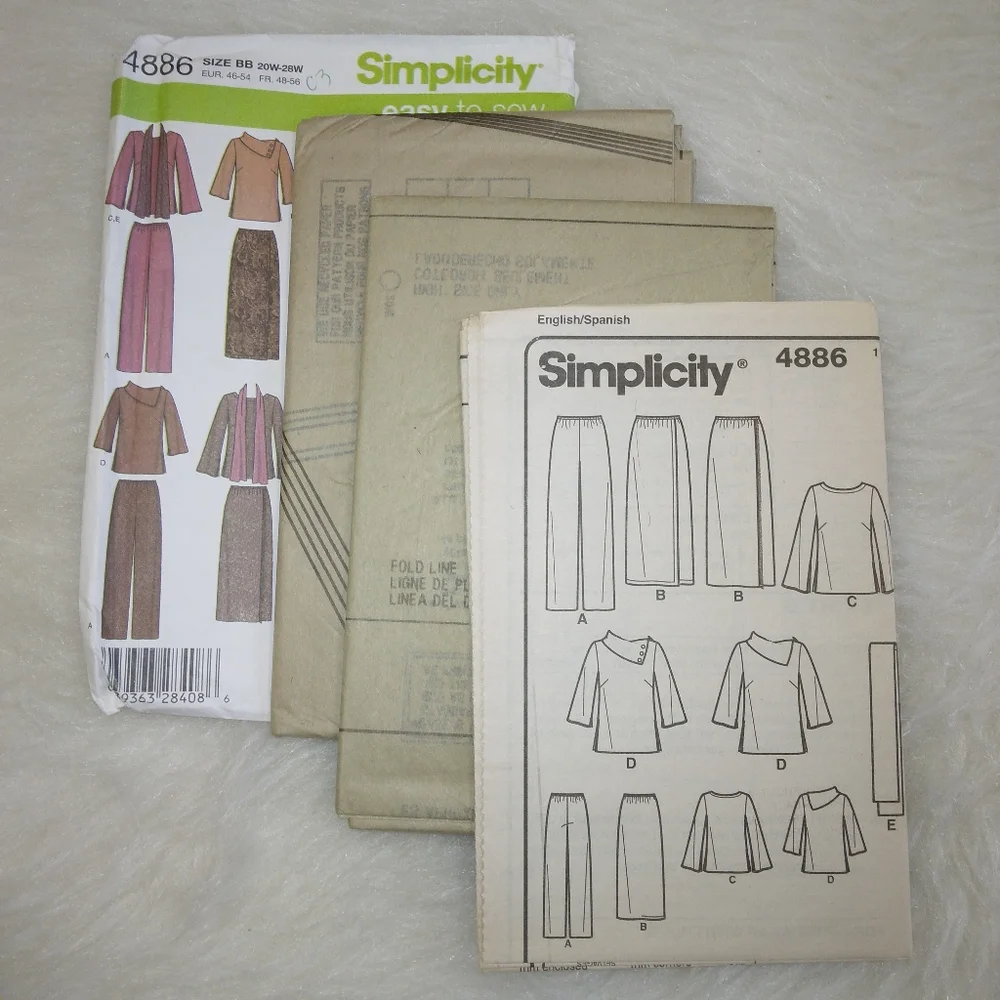 SIMPLICITY 4886 EASY TO SEW woman's tops pants skirt & scarf sz 20W-28W